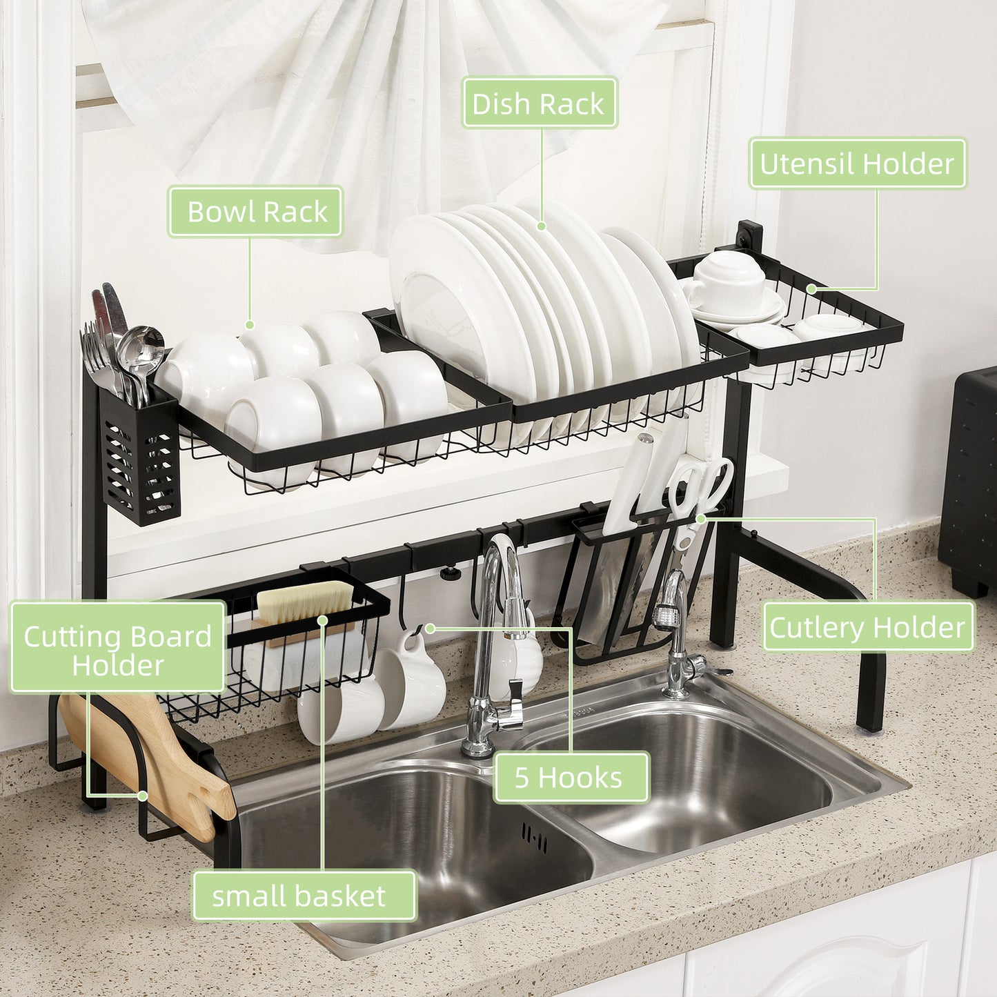 Space Saving 2 Tier Adjustable Dish Drainer Over The Sink Dish Drying Rack, Black | HOMCOM-3