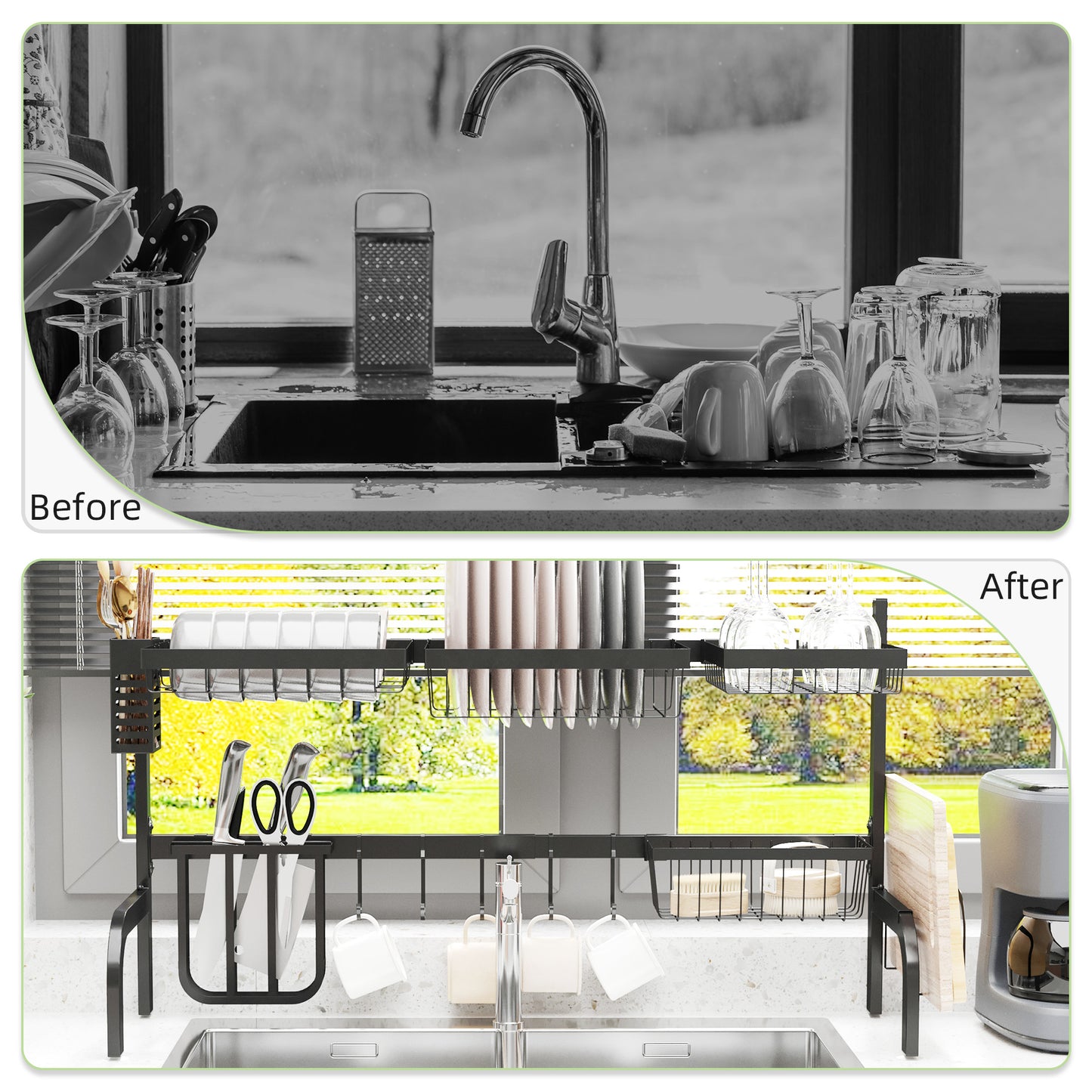 Space Saving 2 Tier Adjustable Dish Drainer Over The Sink Dish Drying Rack, Black | HOMCOM-2