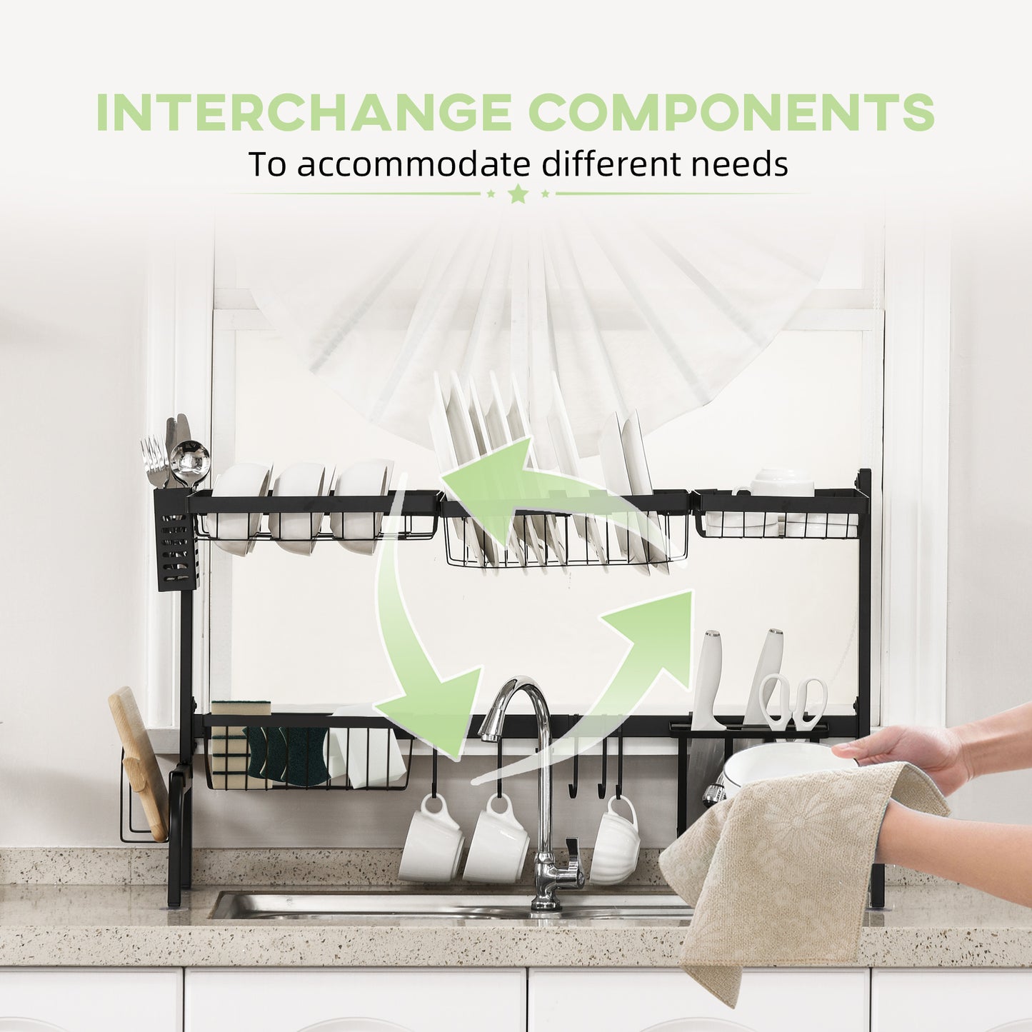 Space Saving 2 Tier Adjustable Dish Drainer Over The Sink Dish Drying Rack, Black | HOMCOM-5