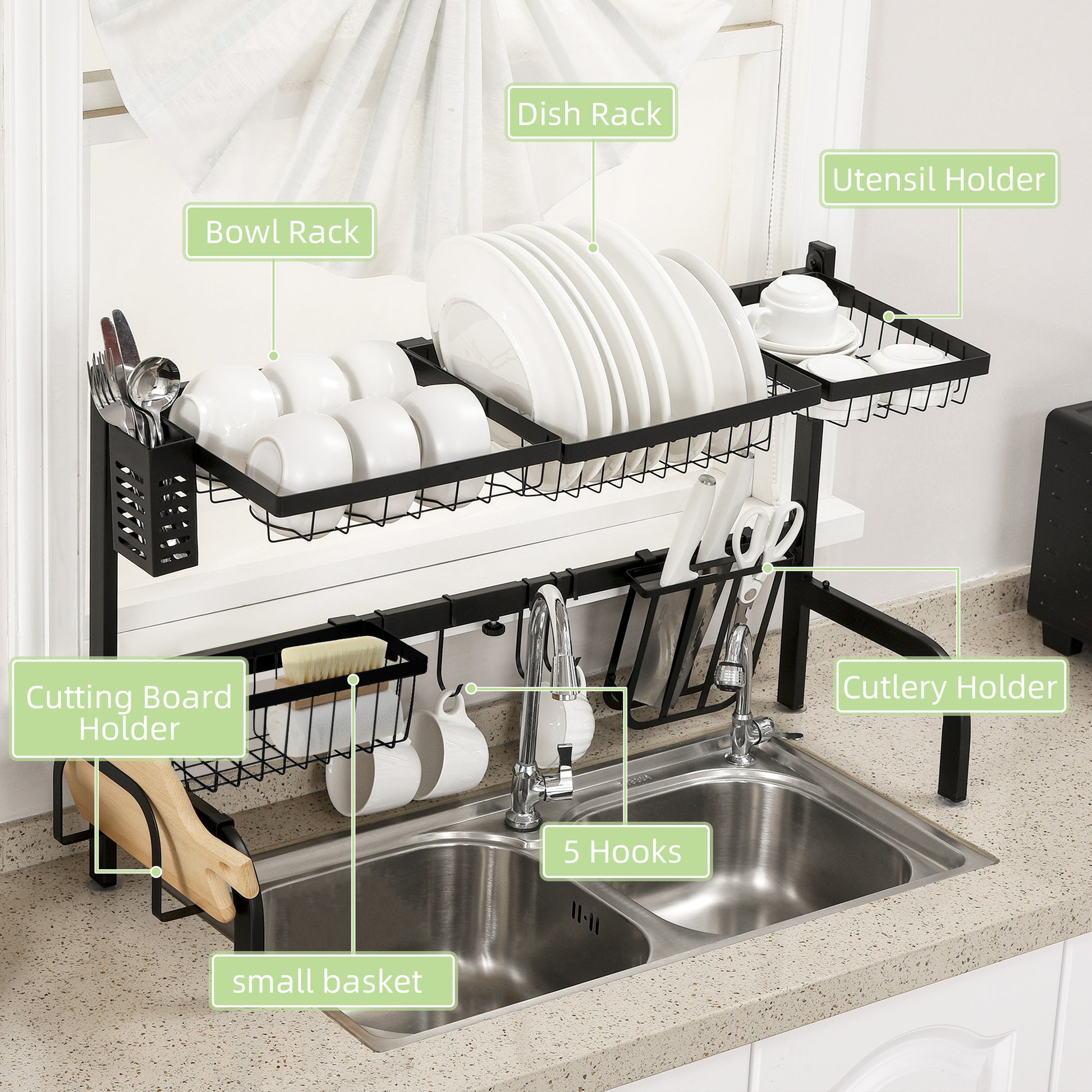 Space Saving 2 Tier Adjustable Dish Drainer Over The Sink Dish Drying Rack, Black | HOMCOM-3