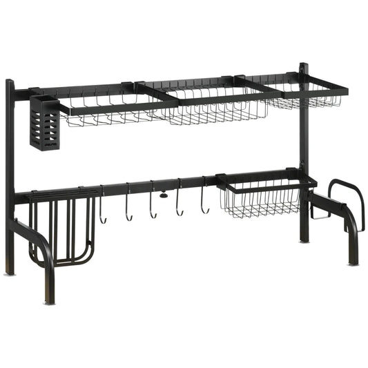 Space Saving 2 Tier Adjustable Dish Drainer Over The Sink Dish Drying Rack, Black | HOMCOM-0