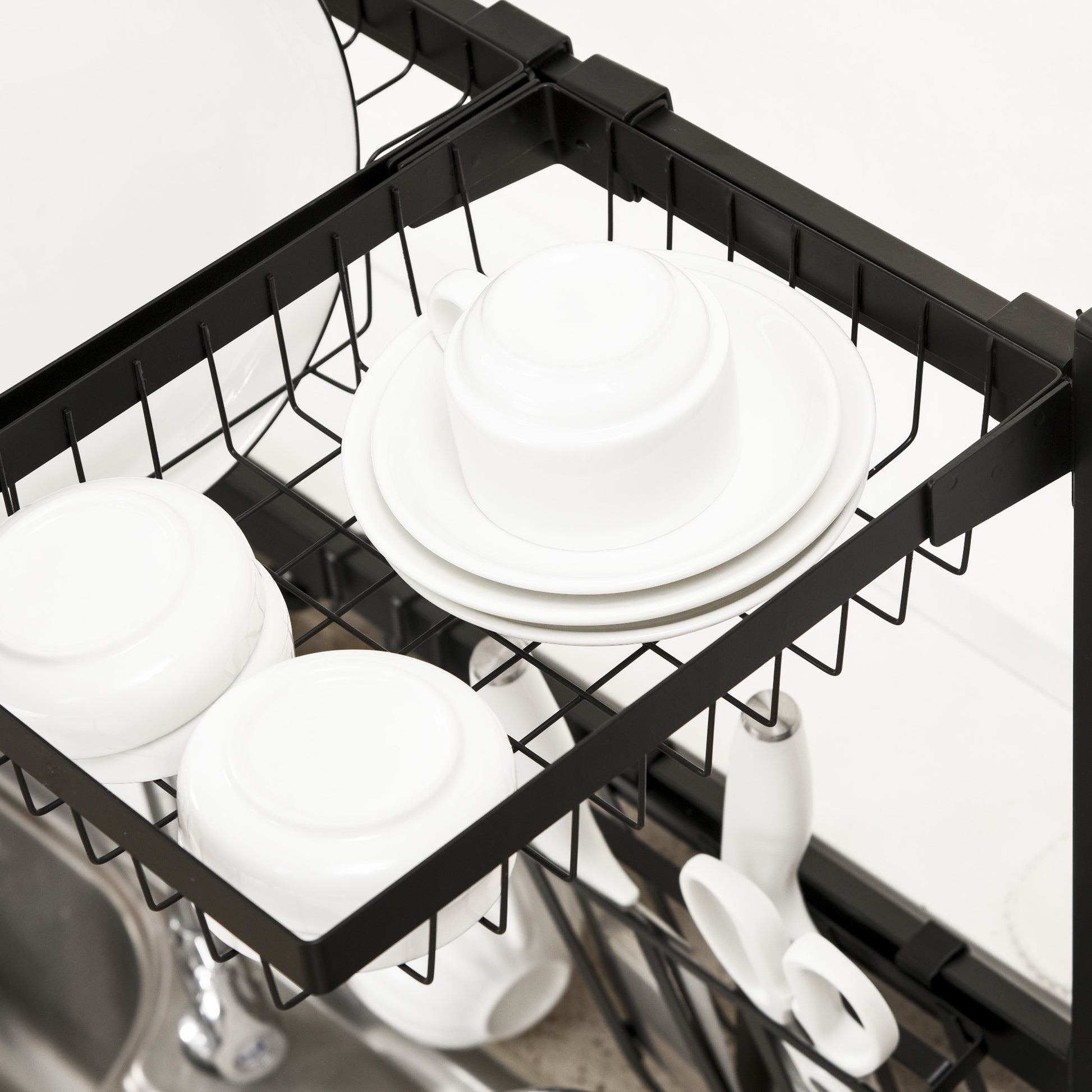 Space Saving 2 Tier Adjustable Dish Drainer Over The Sink Dish Drying Rack, Black | HOMCOM-7
