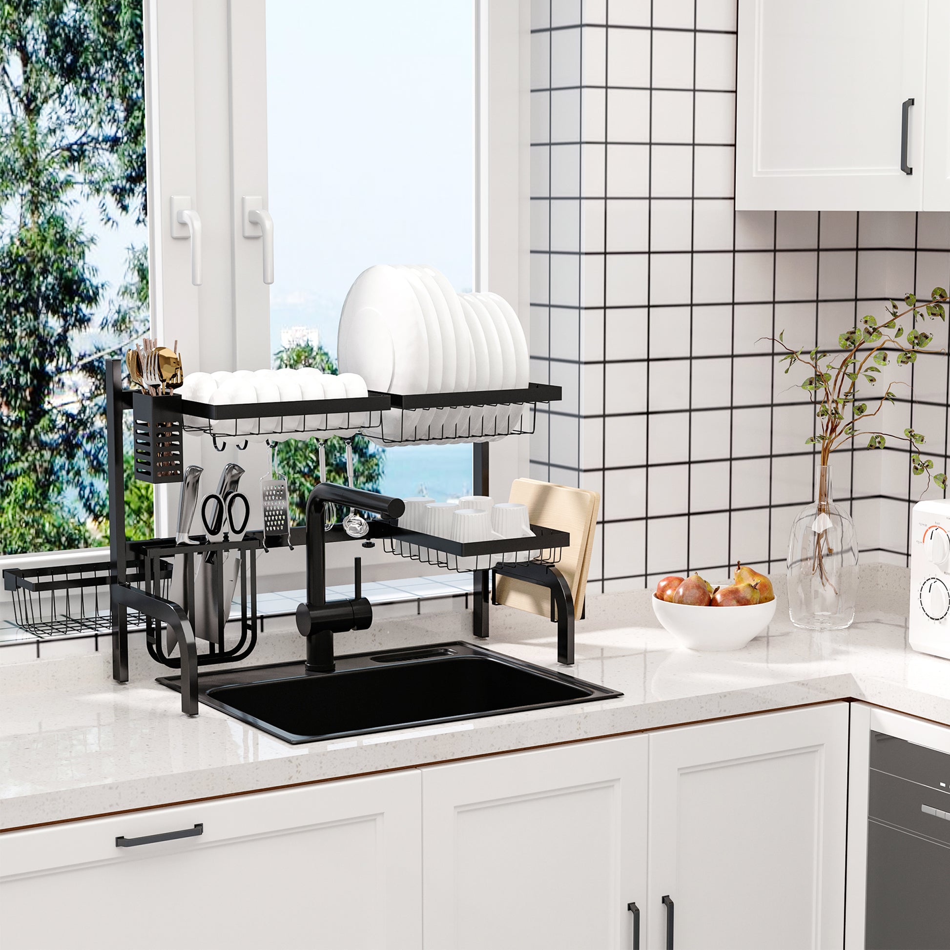 Space Saving 2 Tier Adjustable Dish Drainer Over The Sink Dish Drying Rack, Black | HOMCOM-8